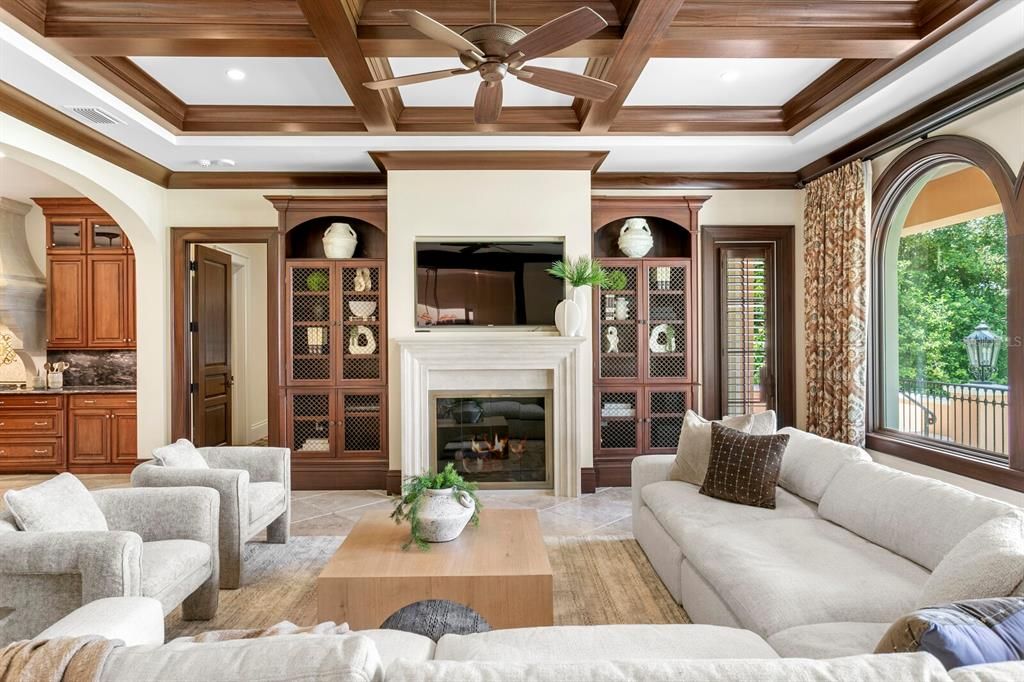 Fireplace, Interior, Living room, Recessed Lighting, Wooden Beams