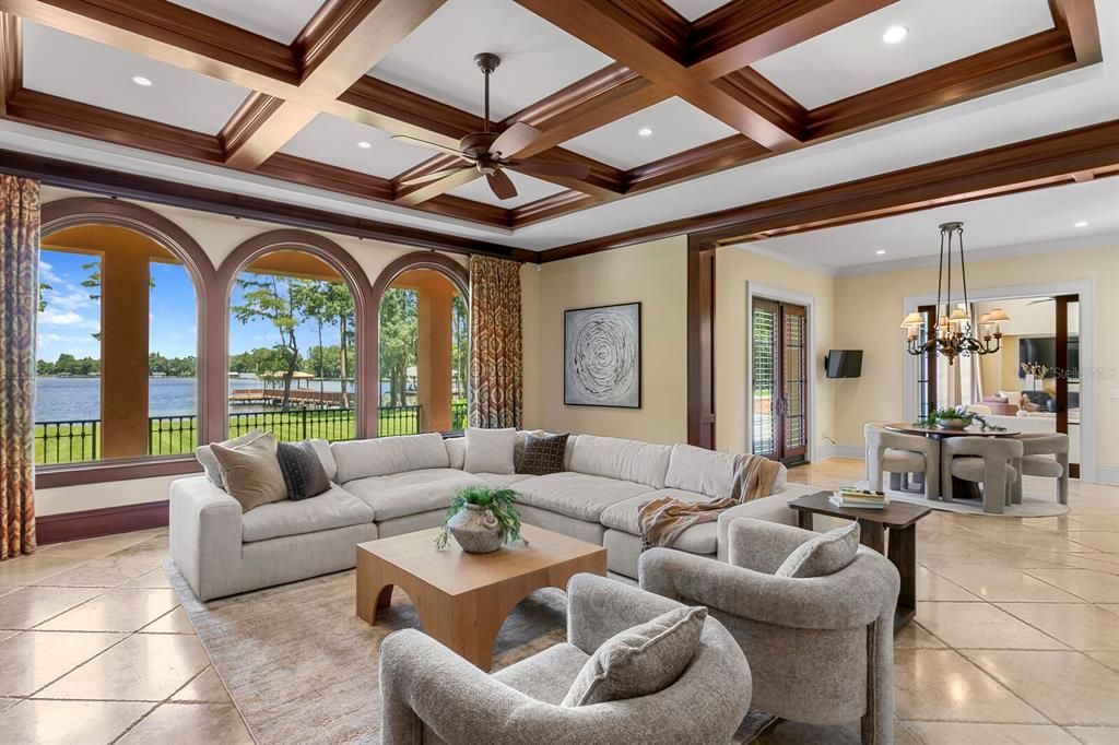 Chandelier, Dining room, Interior, Living room, Recessed Lighting, Water, Wooden Beams