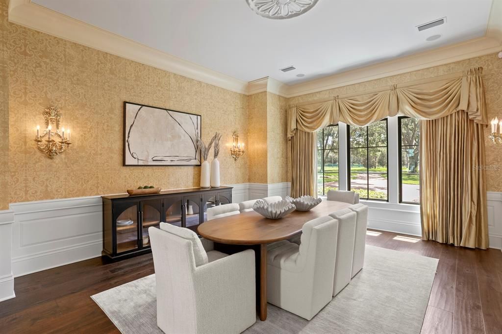 Dining room, Interior, Recessed Lighting, Wood Texture Flooring