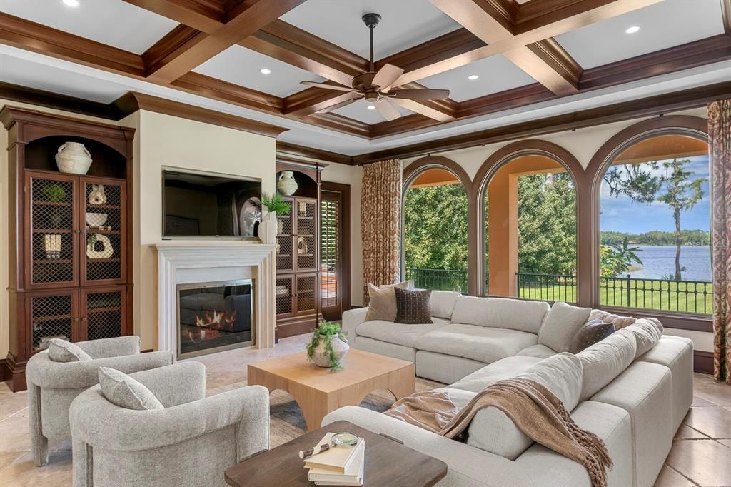 Fireplace, Interior, Living room, Recessed Lighting, Water