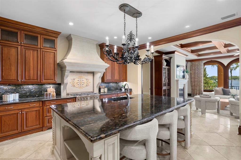 Chandelier, Fireplace, Interior, Kitchen, Living room, Recessed Lighting, Water