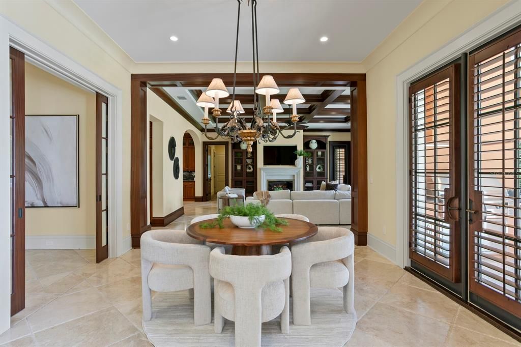 Chandelier, Dining room, Fireplace, Interior, Living room, Recessed Lighting