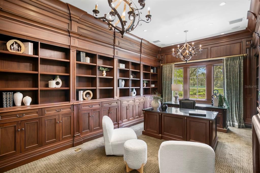 Chandelier, Home Office, Interior, Recessed Lighting, Wooden Walls