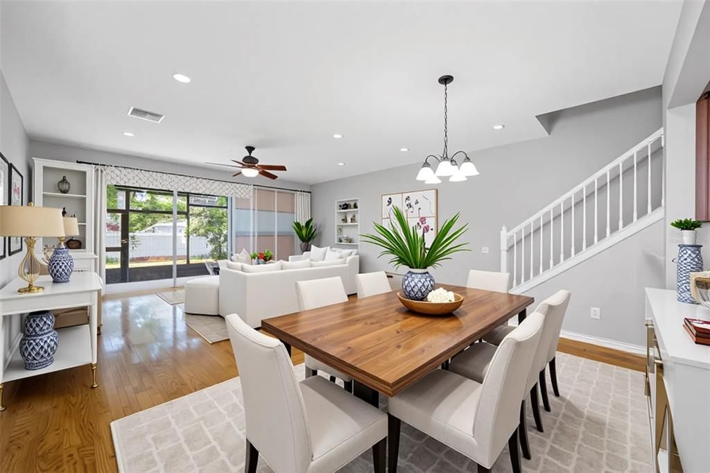 Dining room, Interior, Living room, Pendant Lights, Recessed Lighting, Wood Texture Flooring