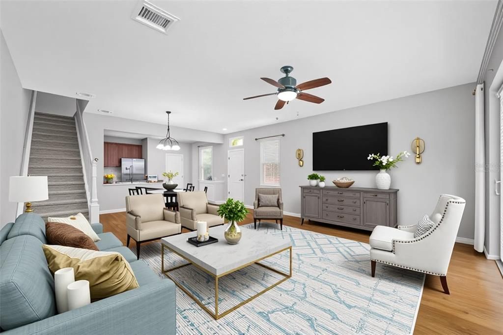 Dining room, Interior, Kitchen, Living room, Pendant Lights, Recessed Lighting, Wood Texture Flooring