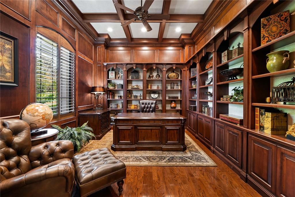 Home Office, Interior, Recessed Lighting, Wooden Beams, Wood Texture Flooring, Wooden Walls