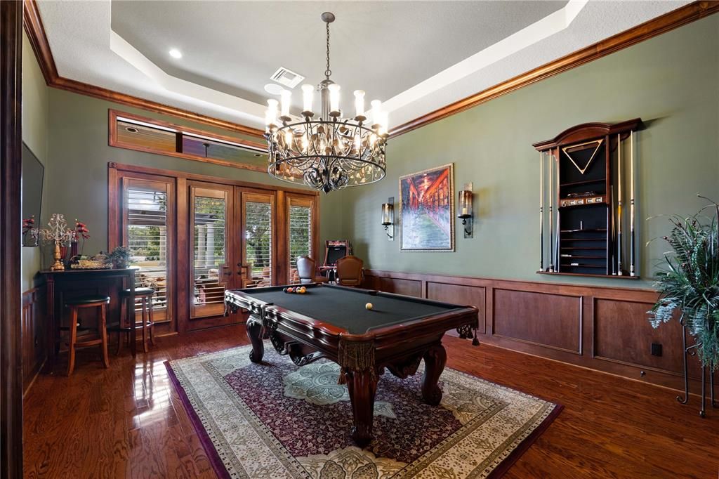 Billiard Table, Chandelier, Game Room, Interior, Recessed Lighting, Wood Texture Flooring