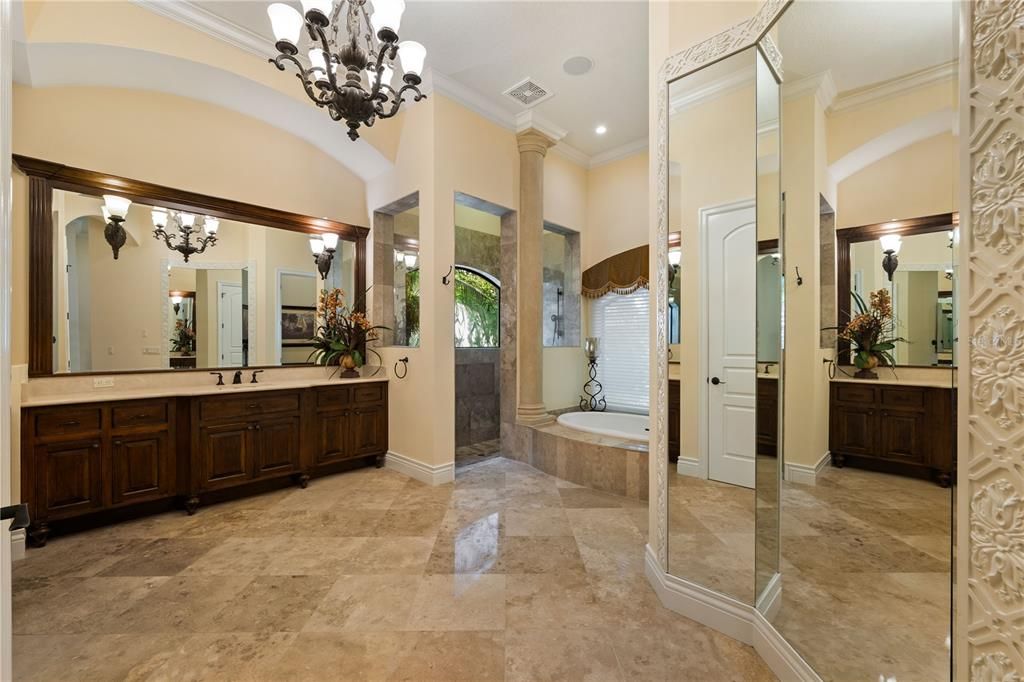 Bathroom, Chandelier, Dual Sink Vanities, Glass Shower, Interior, Recessed Lighting