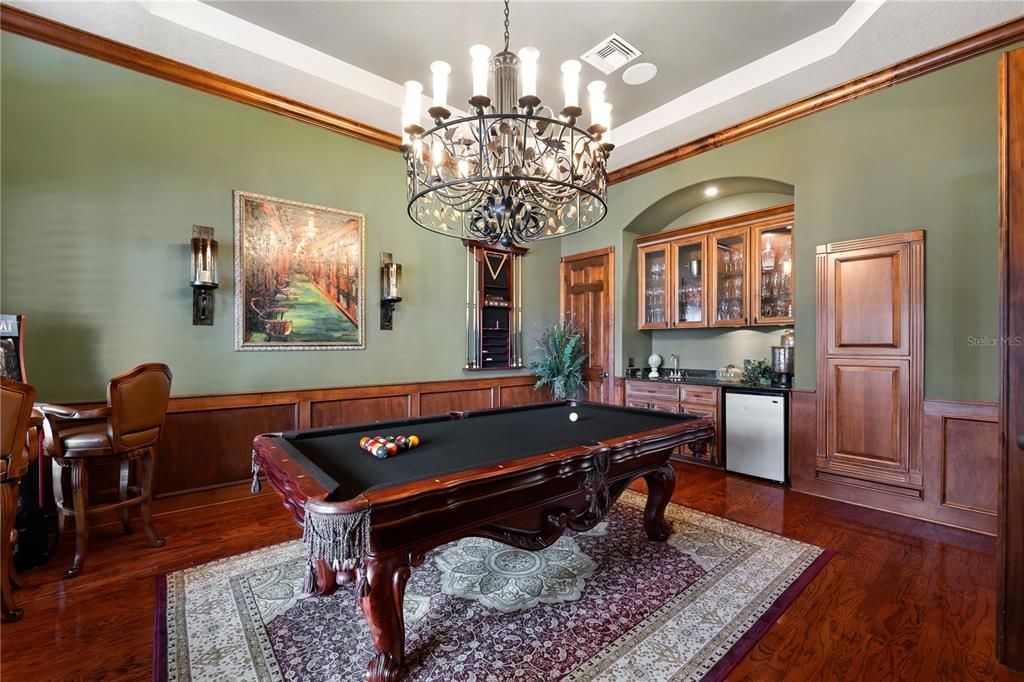 Billiard Table, Chandelier, Game Room, Interior, Recessed Lighting, Wood Texture Flooring