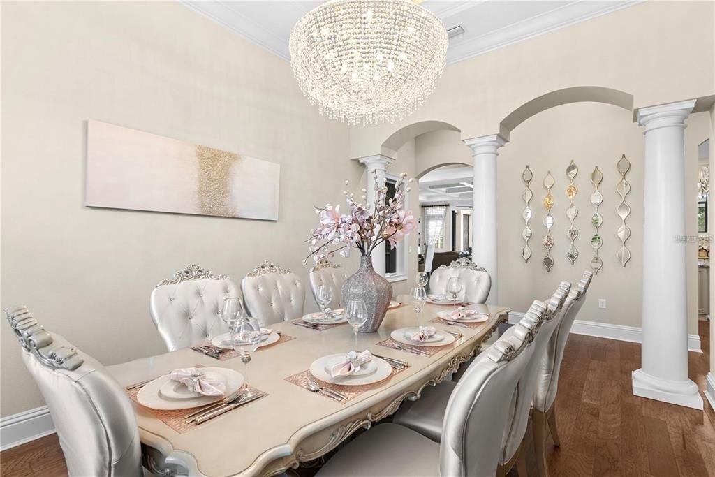 Chandelier, Dining room, Interior, Wood Texture Flooring
