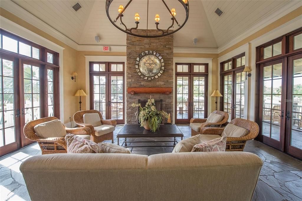 Chandelier, Fireplace, Interior, Living room, Stone Walls, Wood Texture Flooring