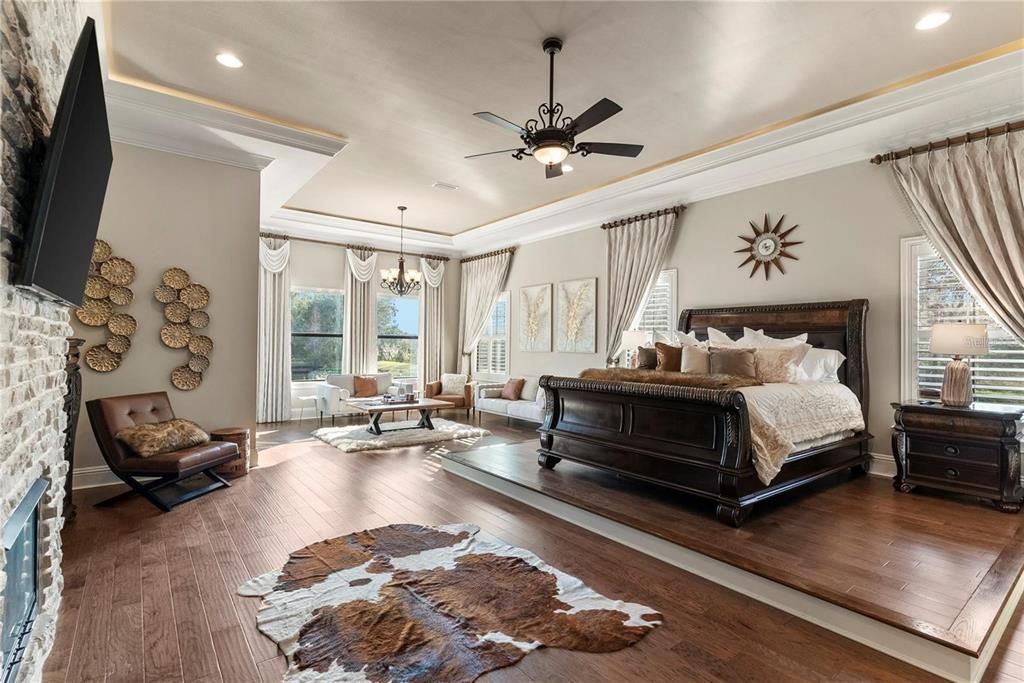 Bedroom, Chandelier, Interior, Recessed Lighting, Wood Texture Flooring