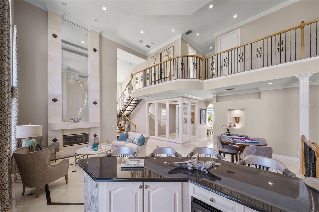 Dining room, Fireplace, Interior, Living room, Recessed Lighting