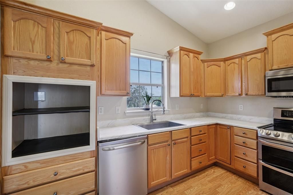 Interior, Kitchen, Recessed Lighting, Stainless Steel Appliances, Wood Texture Flooring