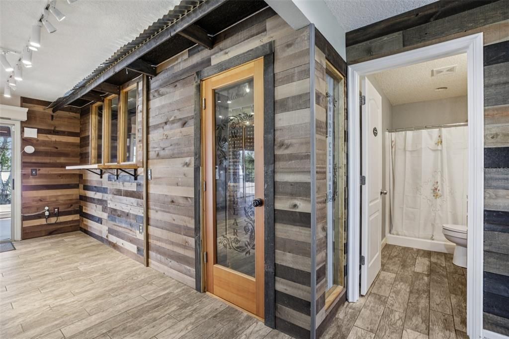 Bathroom, Glass Shower, Interior, Wood Texture Flooring, Wooden Walls