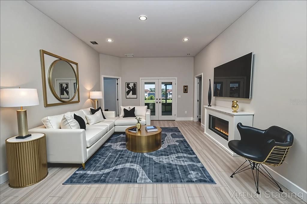 Fireplace, Interior, Living room, Recessed Lighting, Wood Texture Flooring