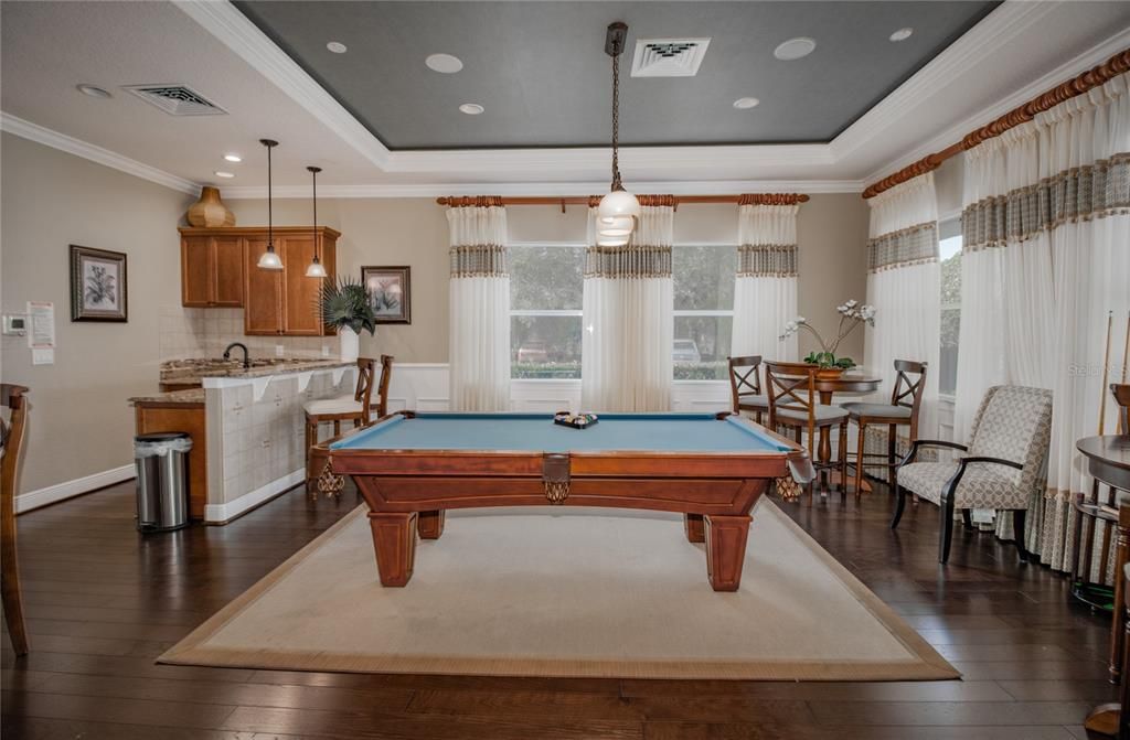 Billiard Table, Game Room, Interior, Pendant Lights, Recessed Lighting, Wood Texture Flooring