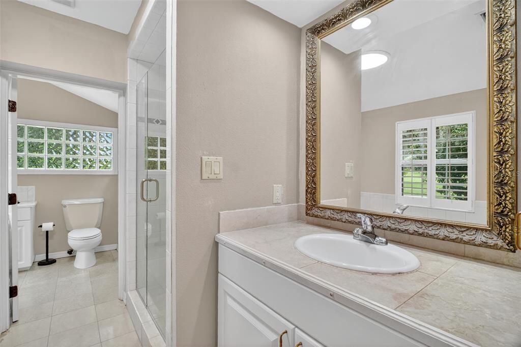 Bathroom, Glass Shower, Interior, Recessed Lighting, Tile Countertops