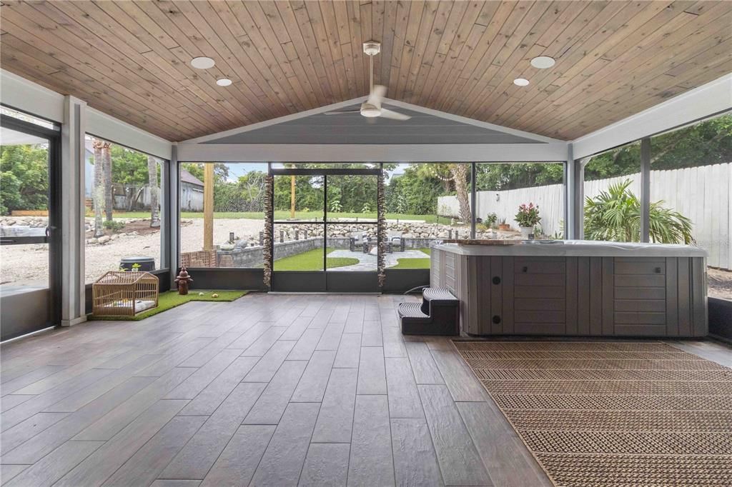 Hot Tub, Interior, Recessed Lighting, Sun Room, Wooden Ceilings, Wood Texture Flooring
