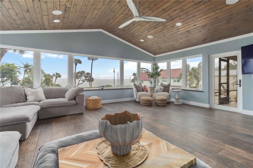 Interior, Living room, Recessed Lighting, Water, Wooden Ceilings, Wood Texture Flooring