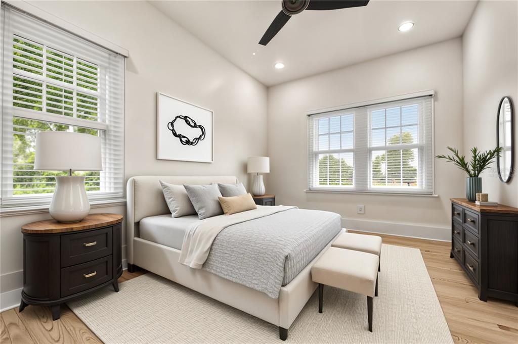 Bedroom, Interior, Recessed Lighting, Wood Texture Flooring