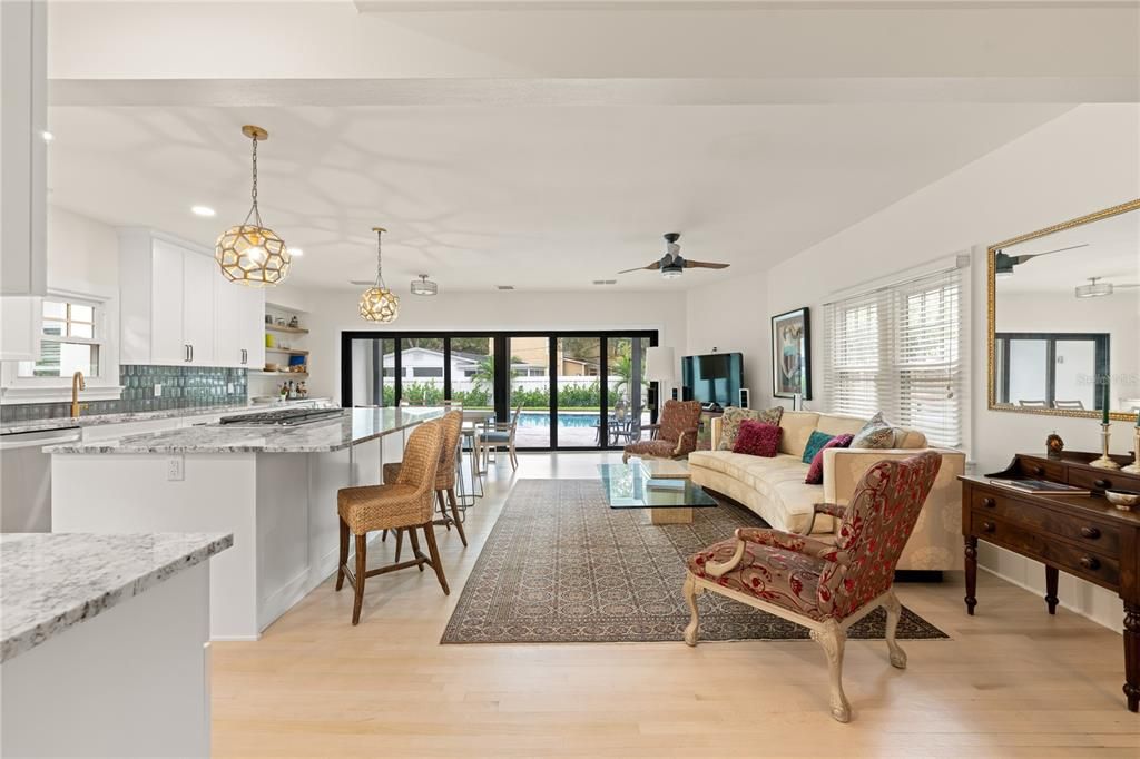 Interior, Kitchen, Living room, Pendant Lights, Recessed Lighting, Wood Texture Flooring