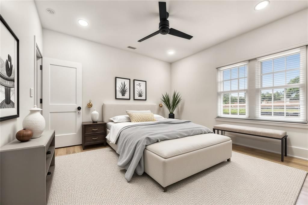 Bedroom, Interior, Recessed Lighting, Wood Texture Flooring