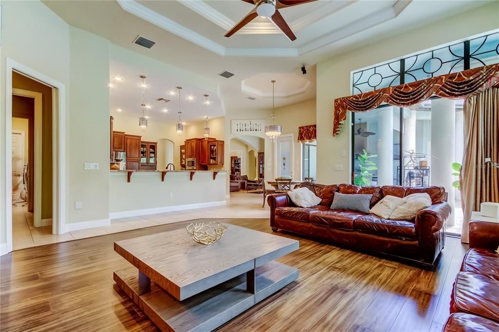 Dining room, Interior, Kitchen, Living room, Pendant Lights, Wood Texture Flooring