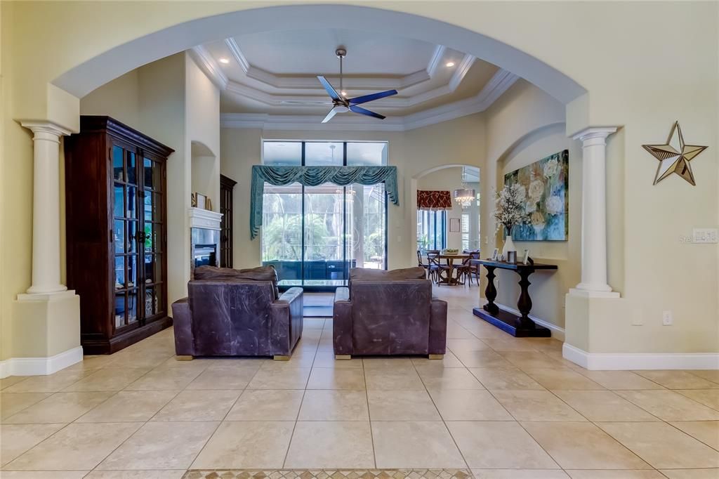 Dining room, Fireplace, Interior, Living room, Recessed Lighting