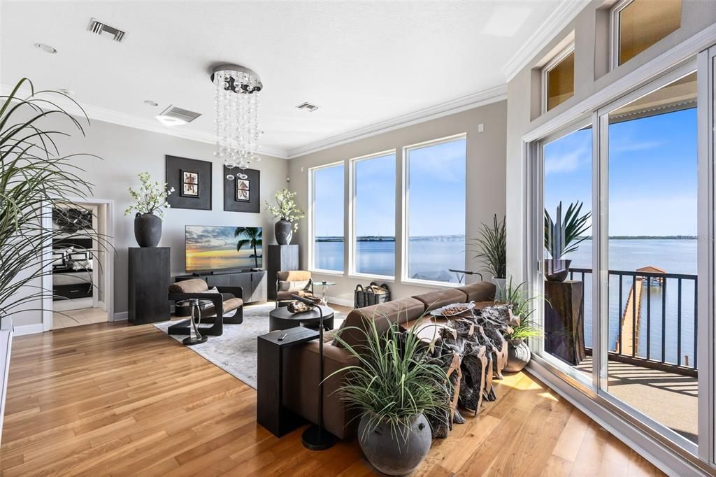 Chandelier, Interior, Living room, Recessed Lighting, Water, Wood Texture Flooring