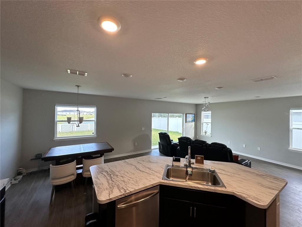 Dining room, Interior, Kitchen, Pendant Lights, Recessed Lighting, Wood Texture Flooring