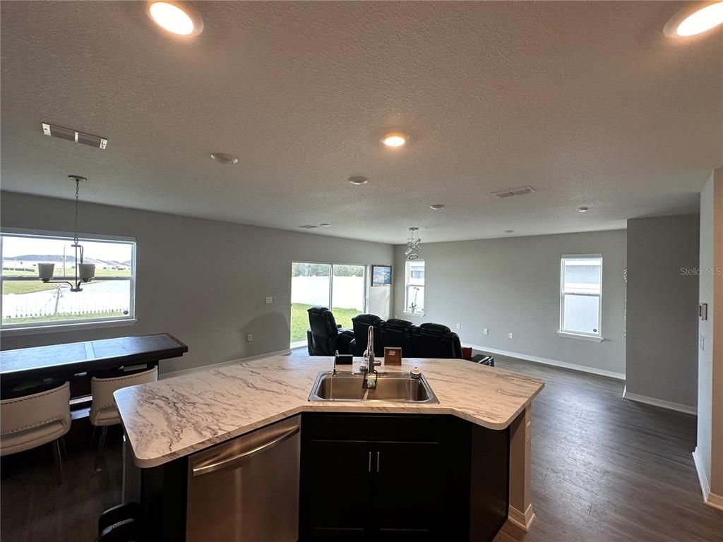 Dining room, Interior, Kitchen, Pendant Lights, Recessed Lighting, Wood Texture Flooring