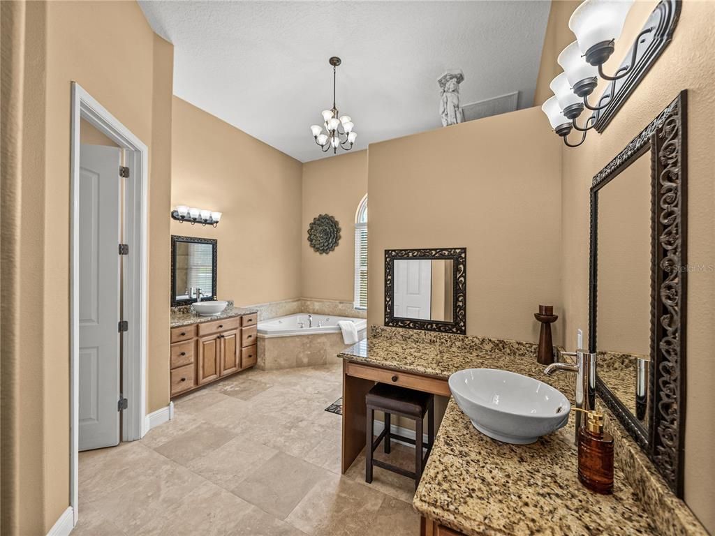Bathroom, Chandelier, Dual Sink Vanities, Interior, Pendant Lights