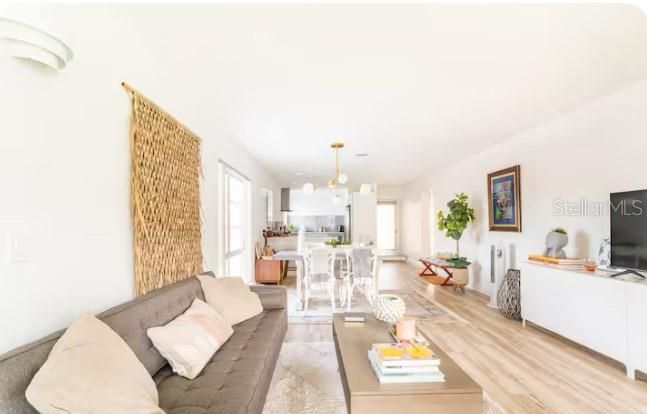 Dining room, Interior, Kitchen, Living room, Pendant Lights, Wood Texture Flooring