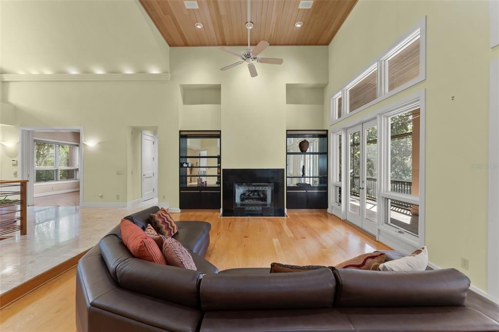 Fireplace, Interior, Living room, Recessed Lighting, Wooden Ceilings, Wood Texture Flooring