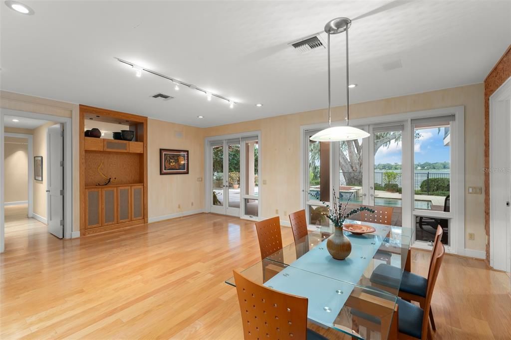 Dining room, Interior, Pendant Lights, Recessed Lighting, Wood Texture Flooring