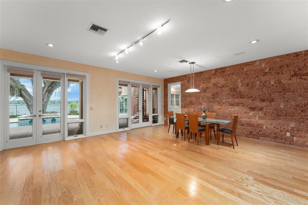 Dining room, Interior, Pendant Lights, Recessed Lighting, Wood Texture Flooring
