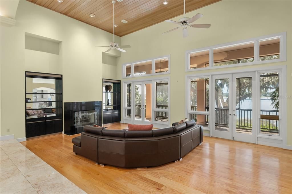 Fireplace, Interior, Living room, Recessed Lighting, Wooden Ceilings, Wood Texture Flooring