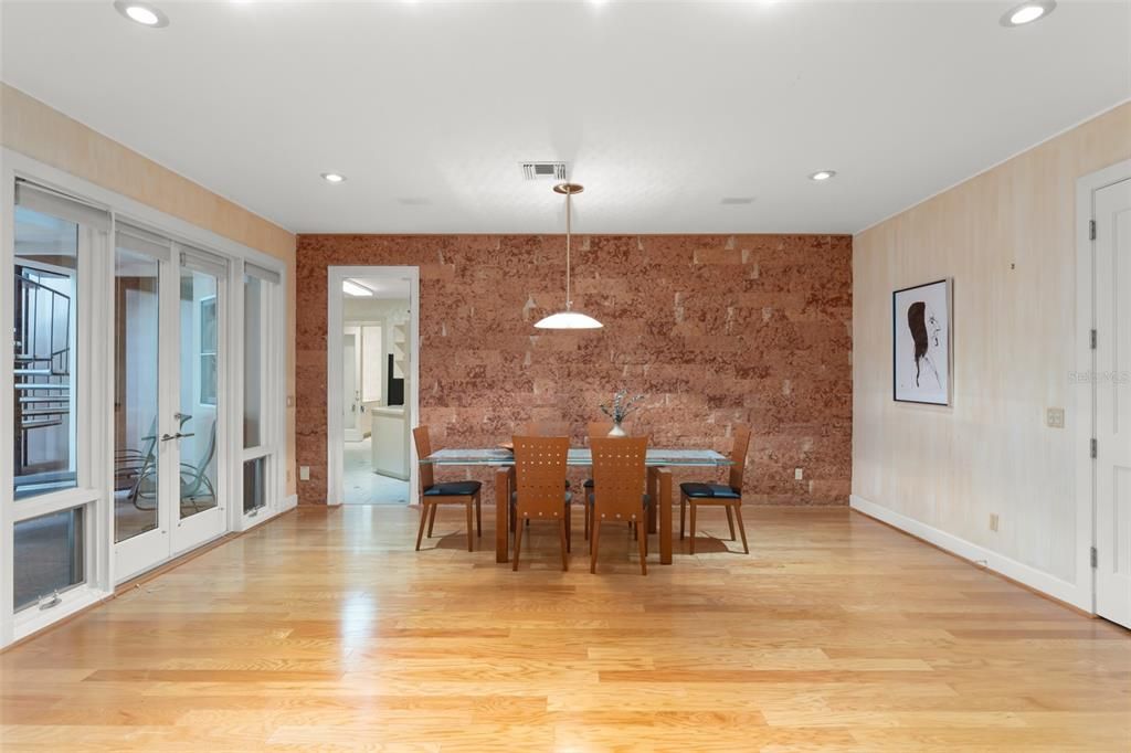 Dining room, Interior, Pendant Lights, Recessed Lighting, Stone Walls, Wood Texture Flooring