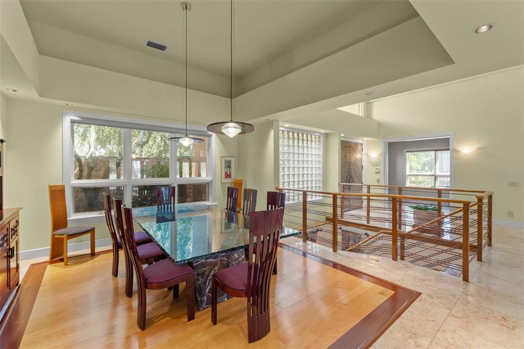 Dining room, Interior, Pendant Lights, Recessed Lighting, Wood Texture Flooring