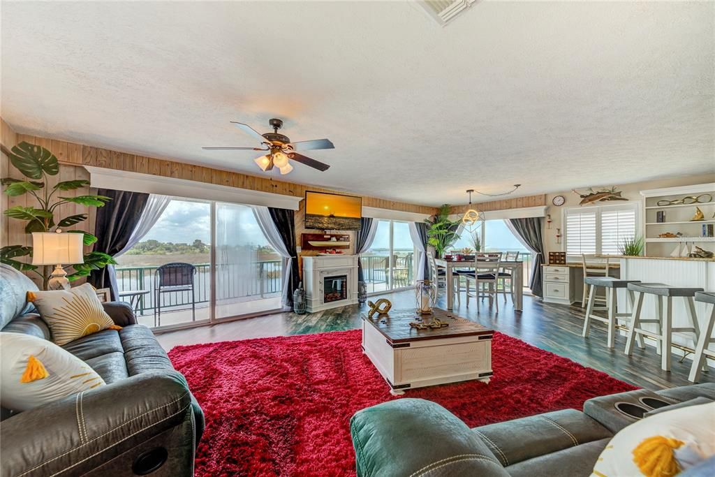 Dining room, Fireplace, Interior, Living room, Wood Texture Flooring