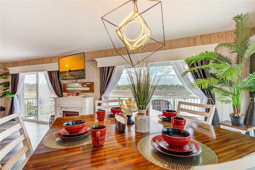 Dining room, Fireplace, Interior, Pendant Lights