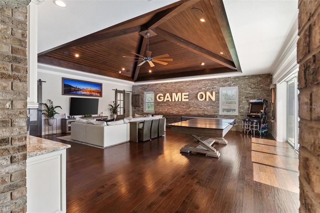 Fireplace, Interior, Living room, Recessed Lighting, Stone Walls, Wooden Beams, Wooden Ceilings, Wood Texture Flooring