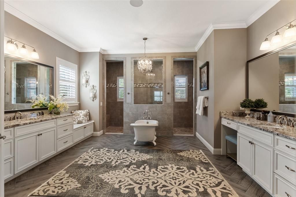 Bathroom, Chandelier, Dual Sink Vanities, Free Standing Baths, Interior, Pendant Lights, Wood Texture Flooring