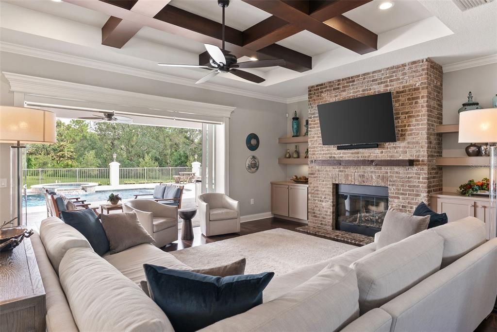 Fireplace, Interior, Living room, Recessed Lighting, Stone Walls, Wooden Beams