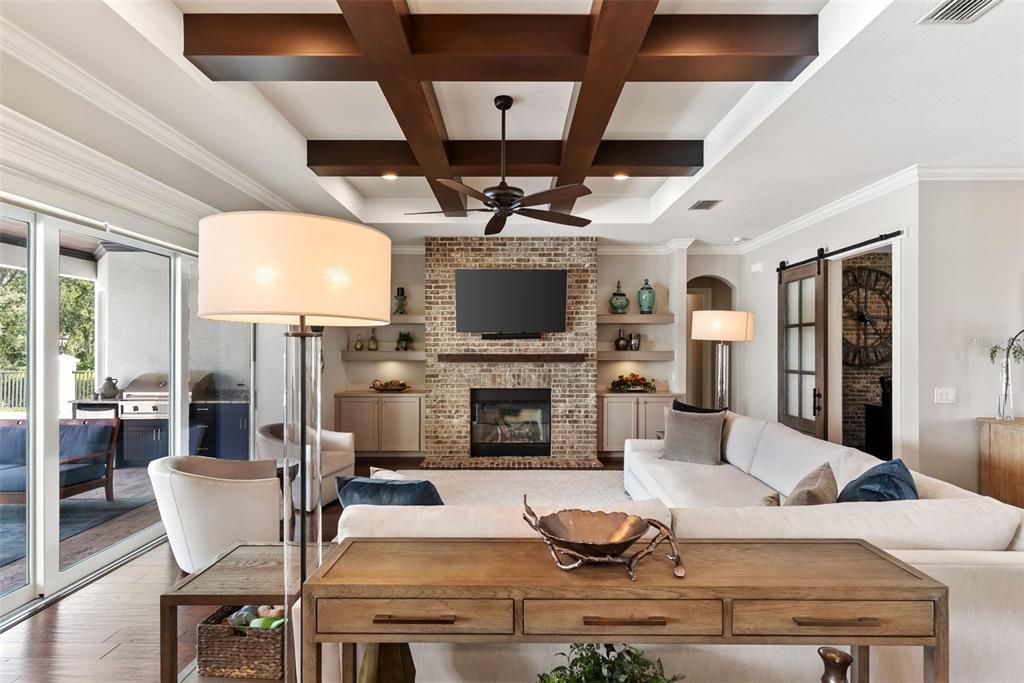Fireplace, Interior, Kitchen, Living room, Recessed Lighting, Stone Walls, Wooden Beams, Wood Texture Flooring