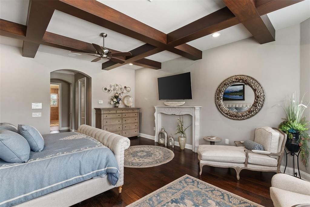 Bedroom, Interior, Recessed Lighting, Wooden Beams, Wood Texture Flooring
