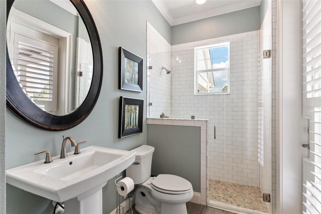 Bathroom, Interior, Recessed Lighting, Wood Texture Flooring