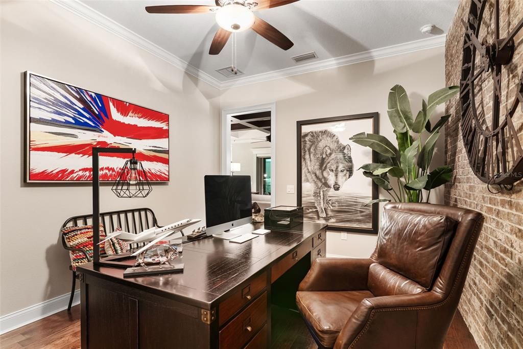 Home Office, Interior, Stone Walls, Wood Texture Flooring