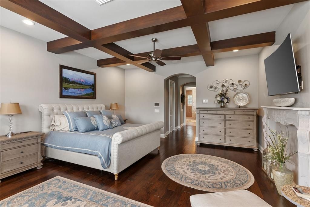 Bedroom, Interior, Recessed Lighting, Wooden Beams, Wood Texture Flooring